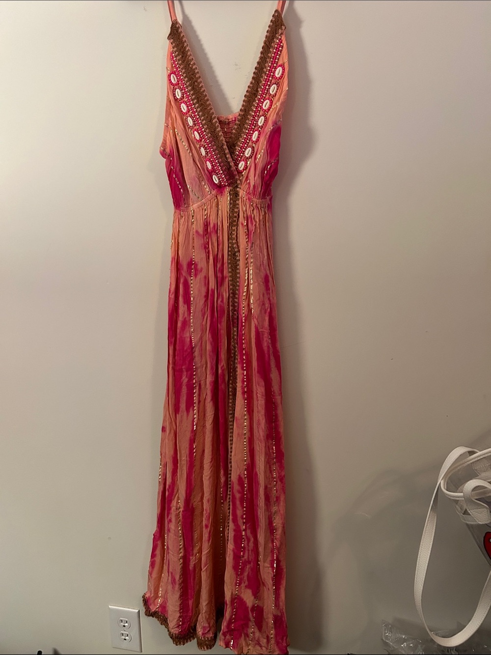 Pink and Tan Boho V-Neck Maxi Dress